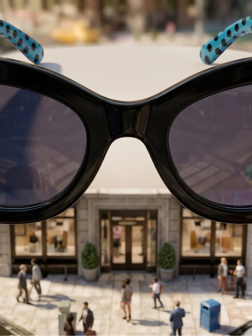 Betsey Johnson Classic Black Cat-Eye Sunglasses with Blue Patterned Temples